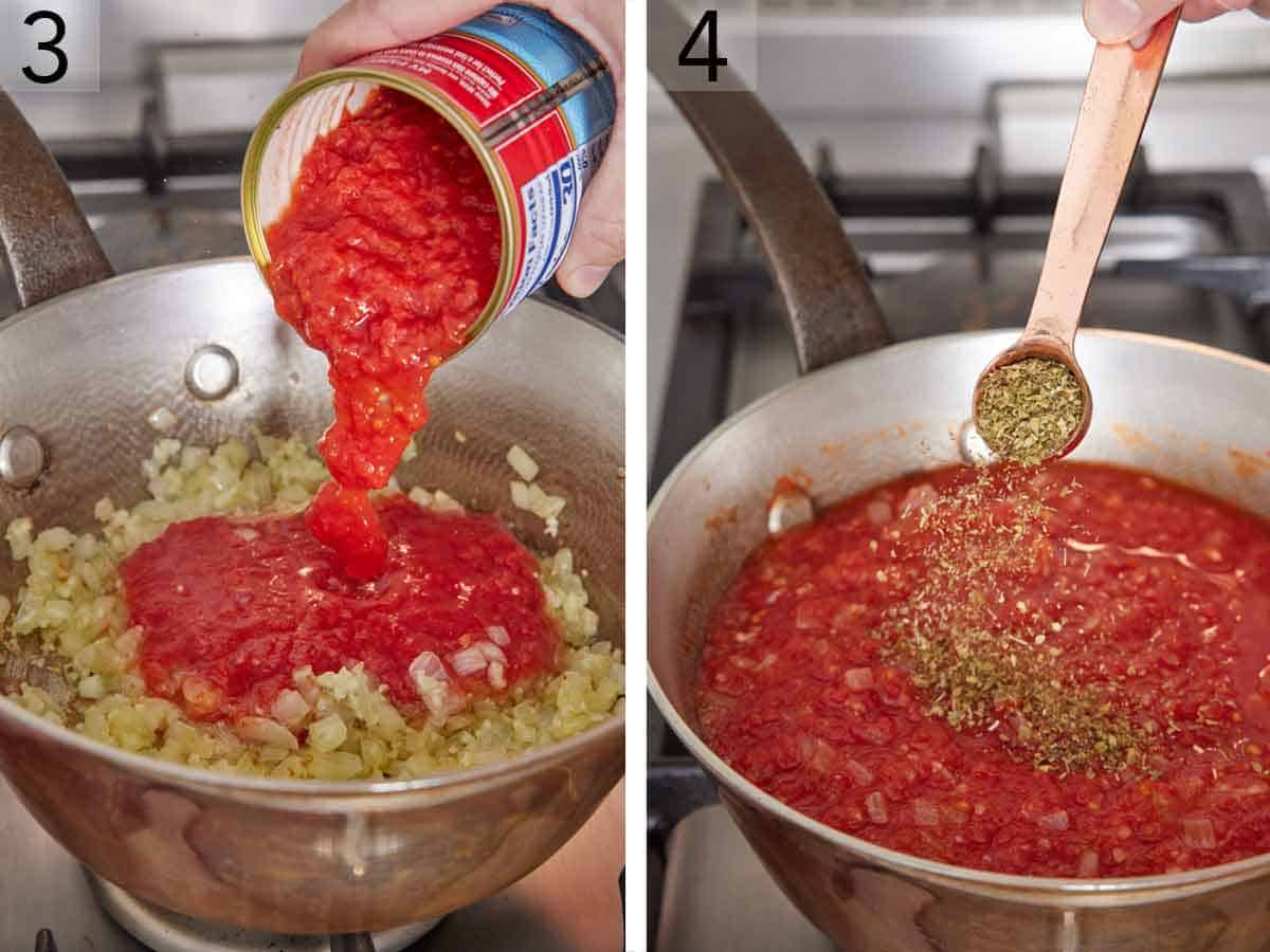 Set of two photos showing canned tomatoes and dried oregano added to a pot.