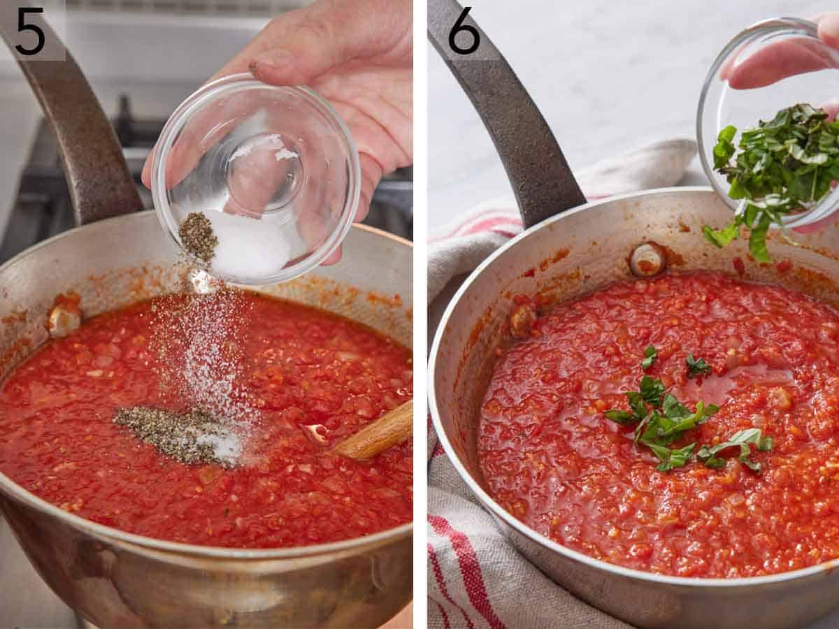 Set of two photos showing salt and pepper added to a pot then marinara sauce garnished with fresh basil.