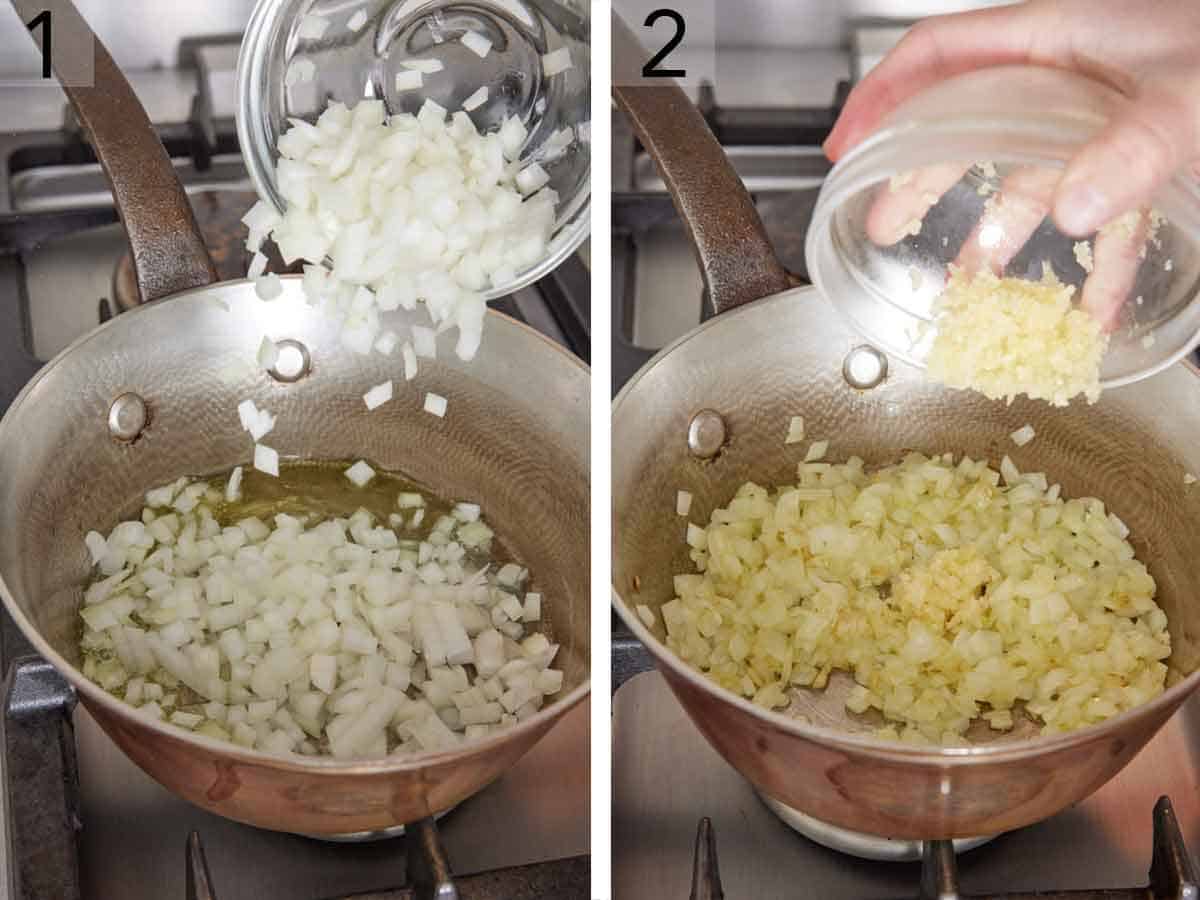 Set of two photos showing onions and garlic added to a pot to cook.