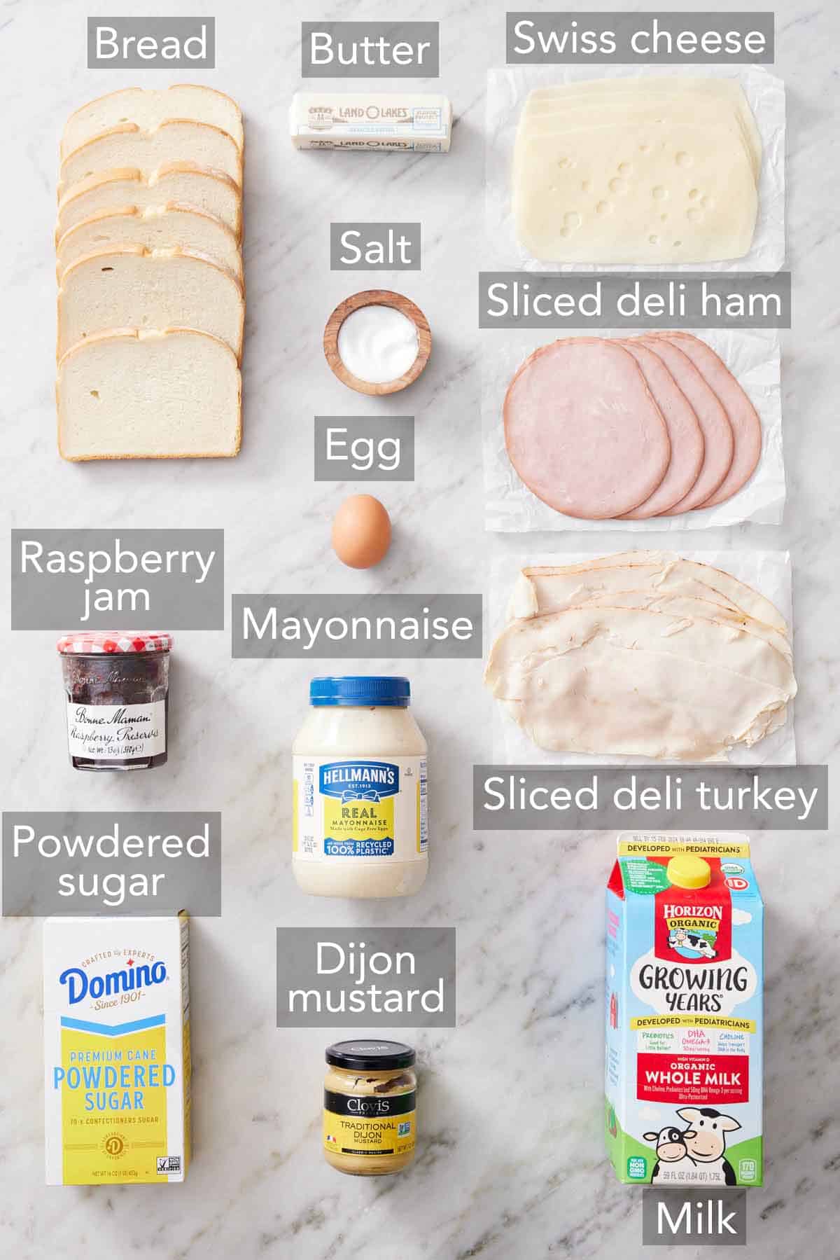 Ingredients needed to make Monte Cristo sandwiches.