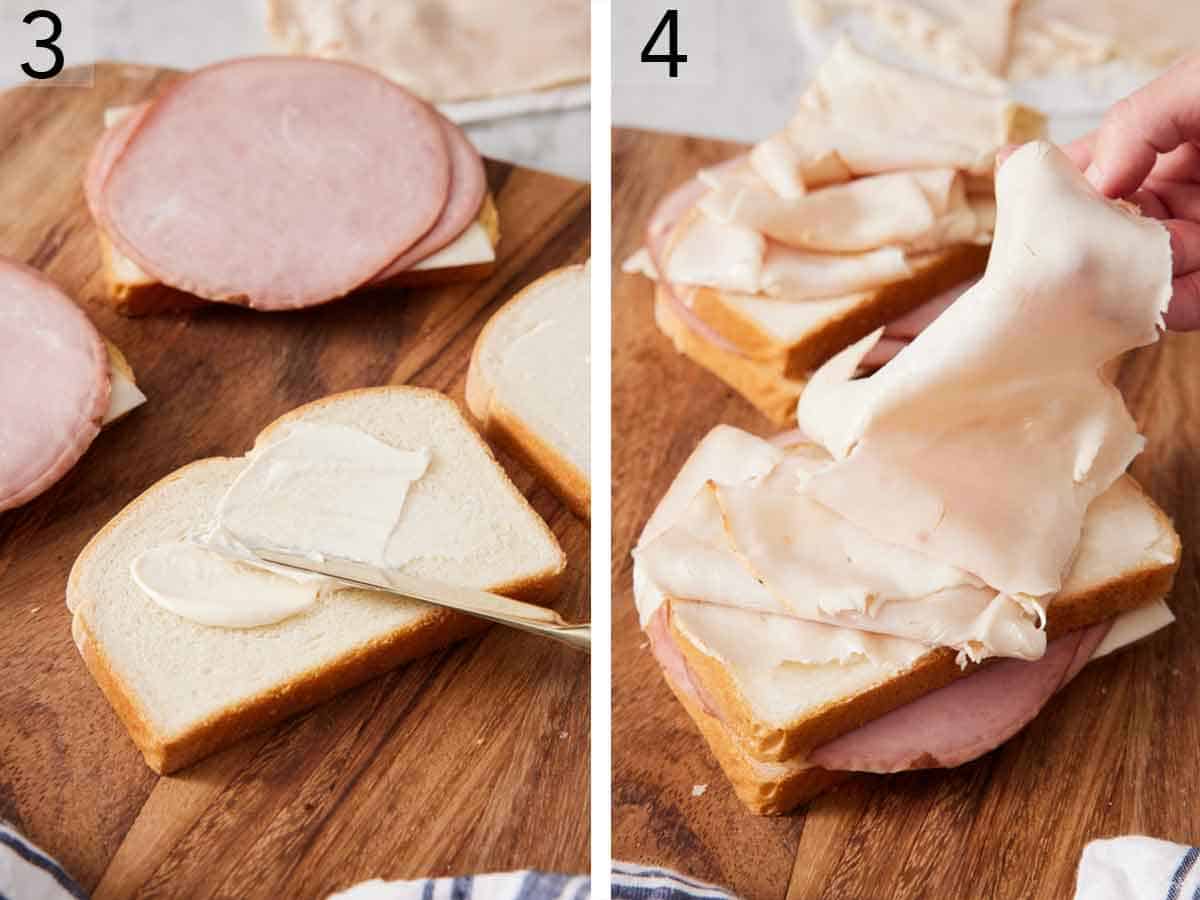 Set of two photos showing mayonnaise spread on bread and sliced turkey added on top.