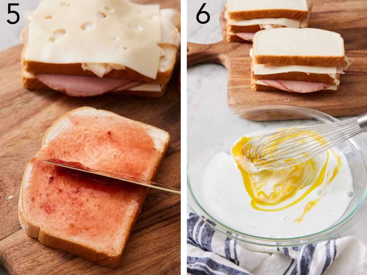 Set of two photos showing jam spread on bread and egg whisked with milk in a bowl.