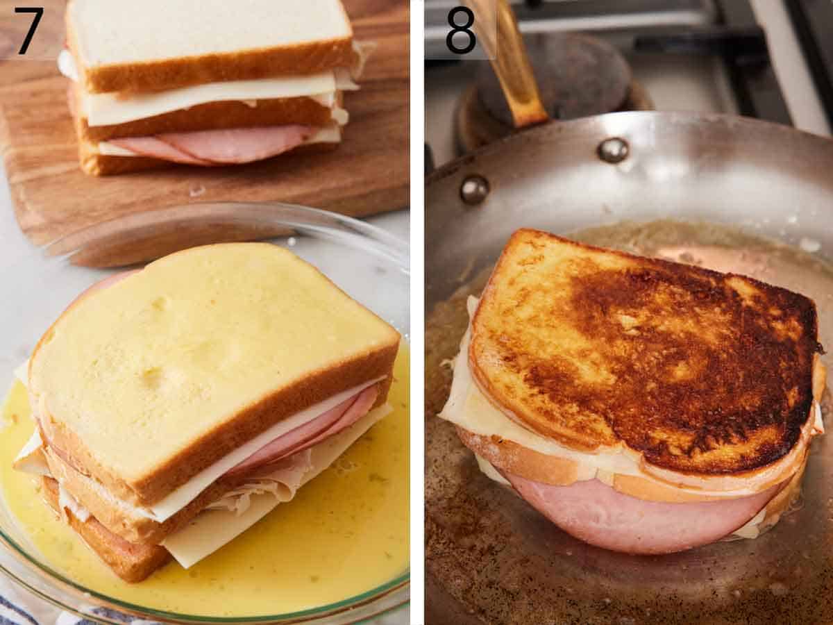 Set of two photos showing the assembled sandwich placed in the egg mixture then pan fried.