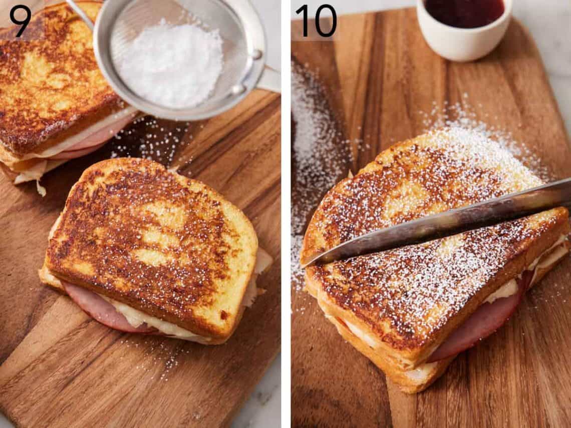 Set of two photos showing powdered sugar dusted over the sandwich and then cut in half.