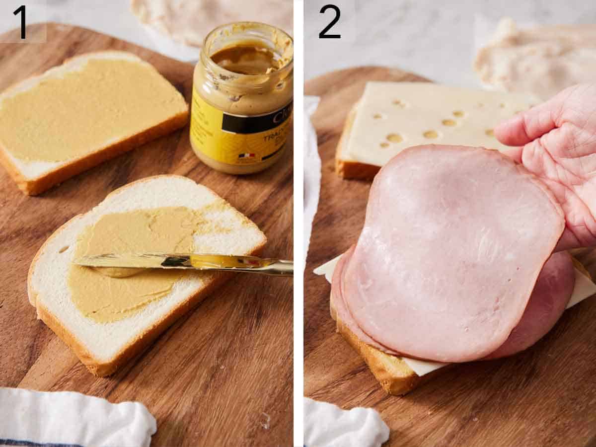 Set of two photos showing Dijon mustard spread on bread and sliced ham placed on top.