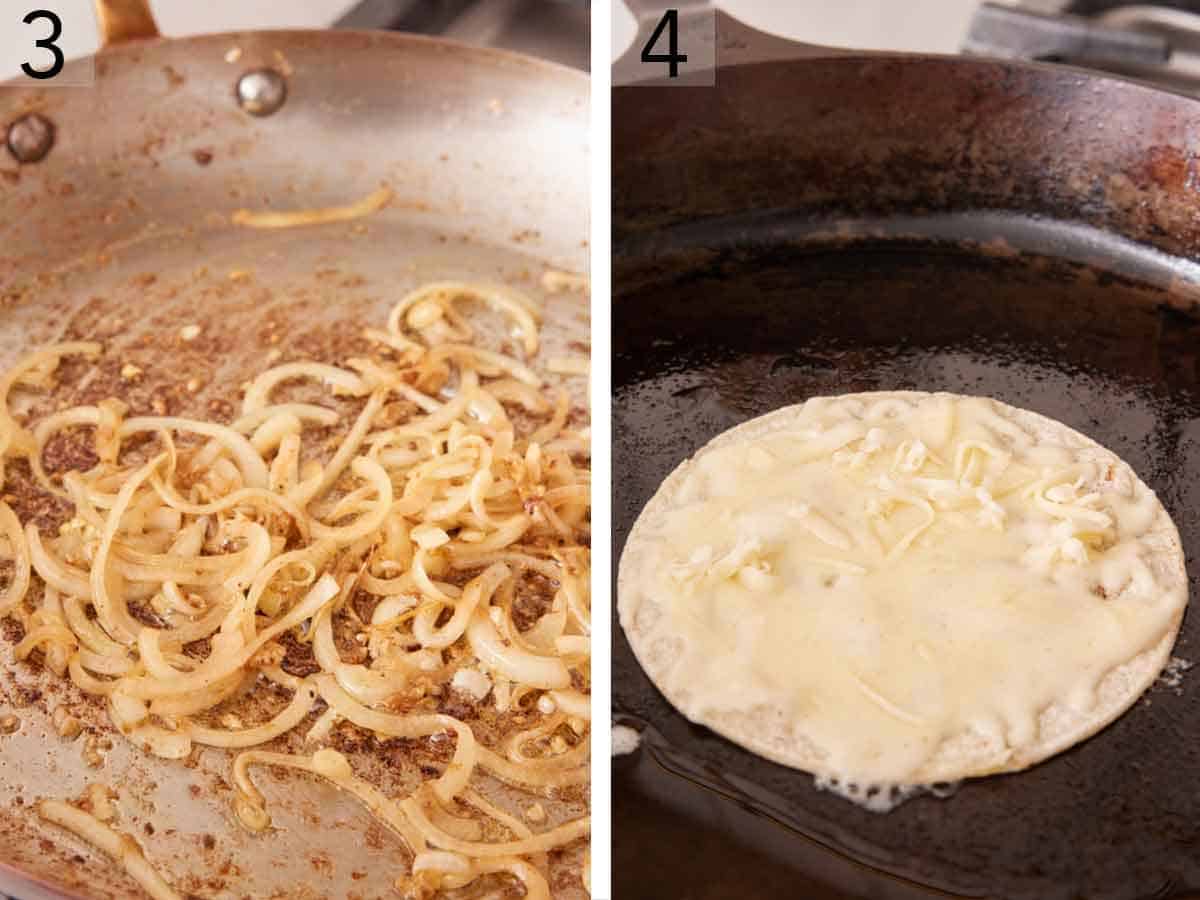 Set of two photos showing onions cooked and a skillet with tortilla with melted cheese.
