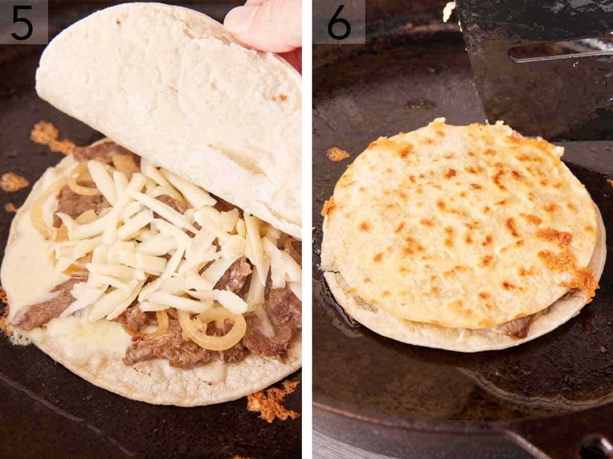 Set of two photos showing beef, cheese, and onions added to the tortilla then flipped.