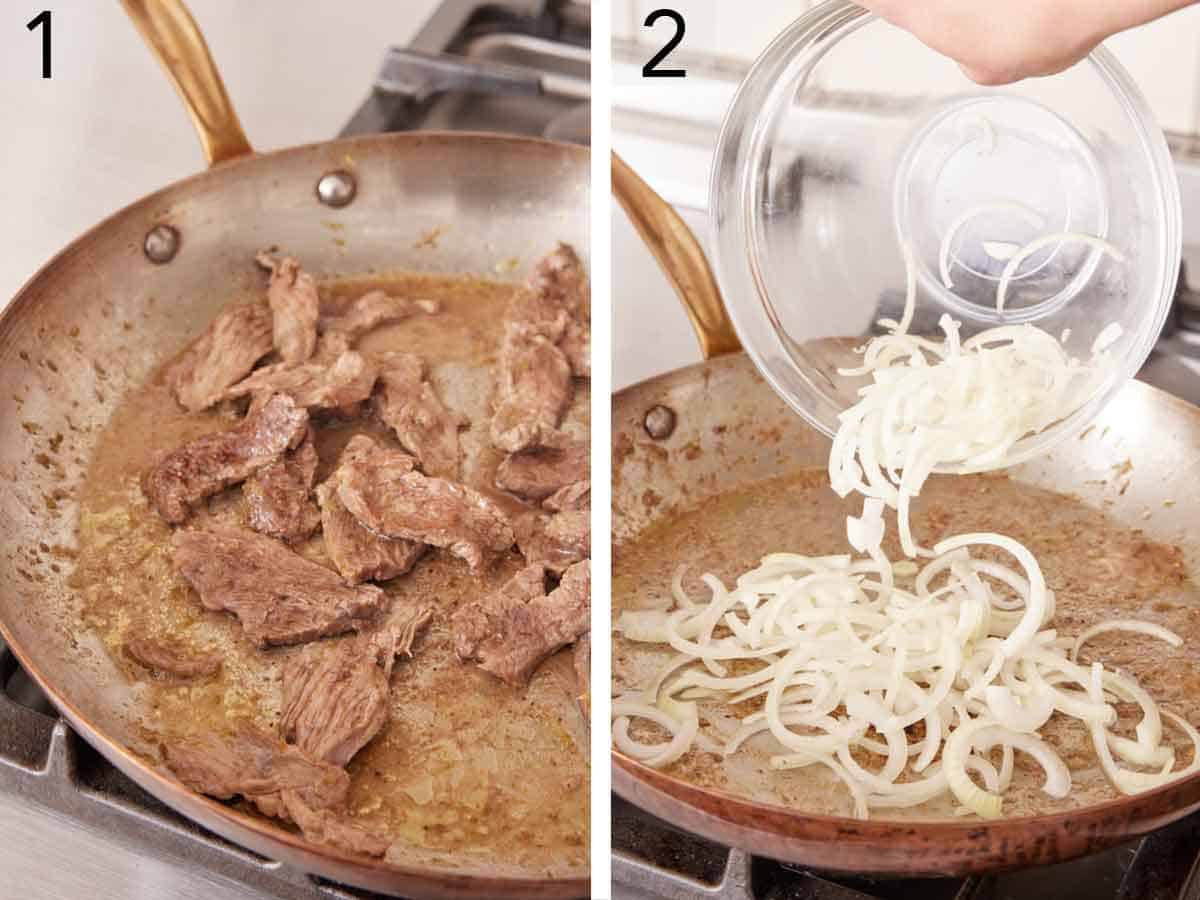 Set of two photos showing beef cooked on a skillet then onions added.