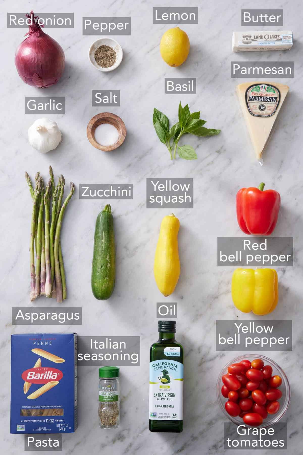 Ingredients needed to make pasta primavera.