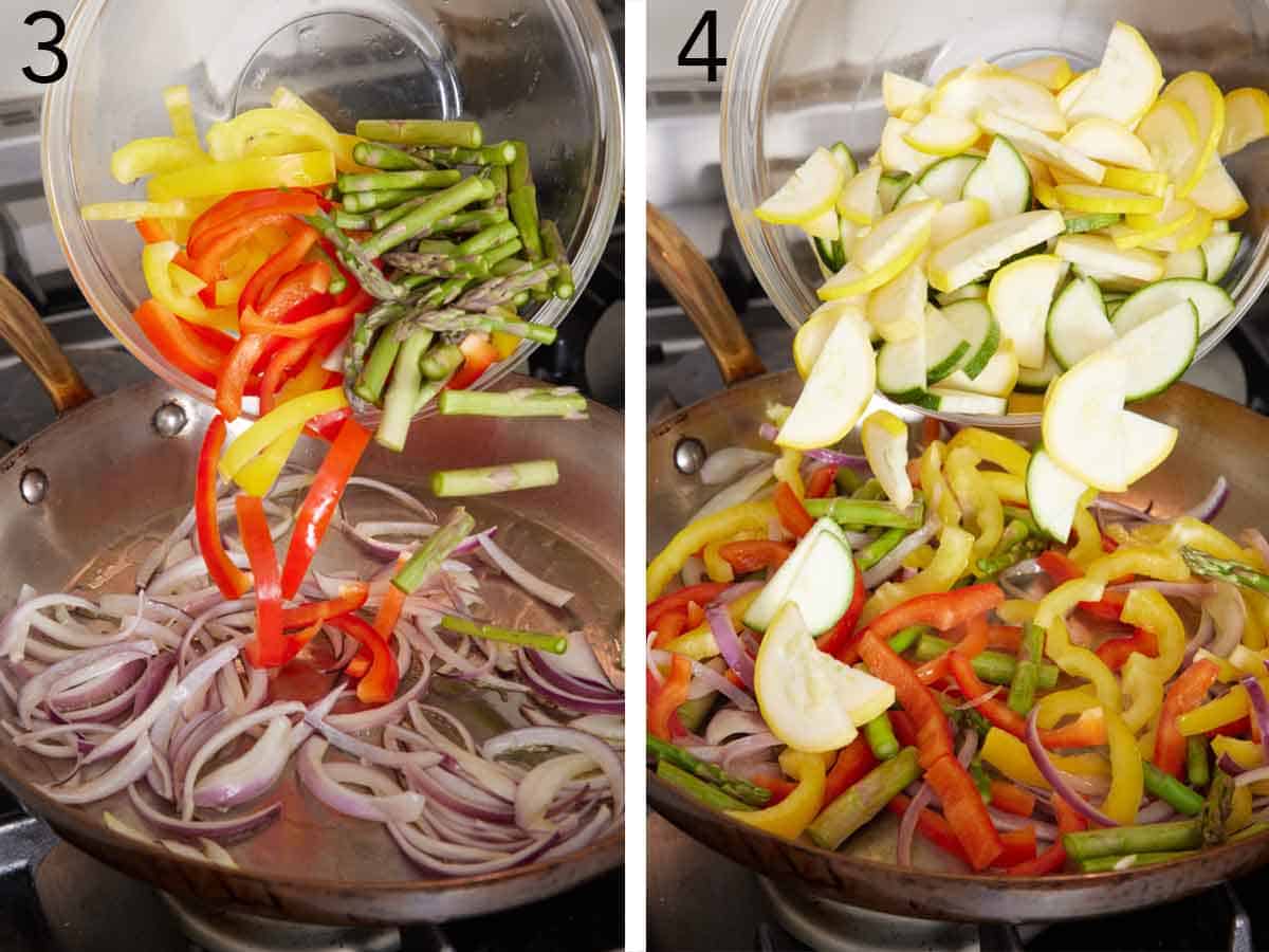 Set of two photos showing vegetables added to the skillet.
