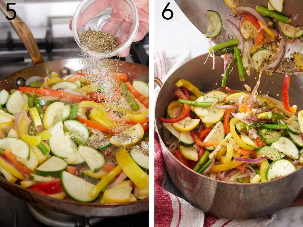 Set of two photos showing seasoning added to the skillet and vegetables transferred from the skillet to the pot of penne.