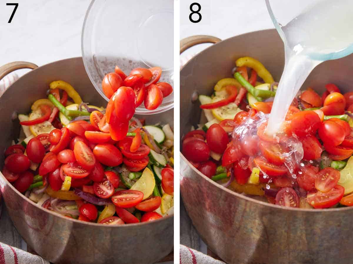 Set of two photos showing tomatoes and pasta water added to the pot.