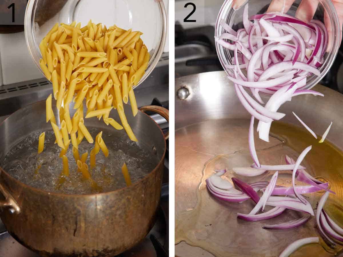 Set of two photos showing pasta added to a pot of water and red onions added to a skillet.