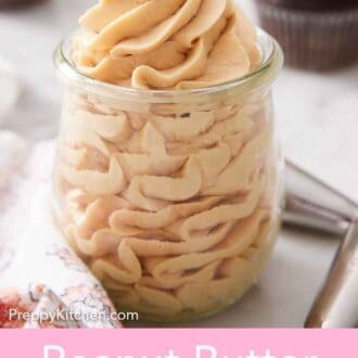 Pinterest graphic of a glass jar with peanut butter frosting piped inside.