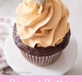 Pinterest graphic of peanut butter frosting piped on top of a chocolate cupcake.