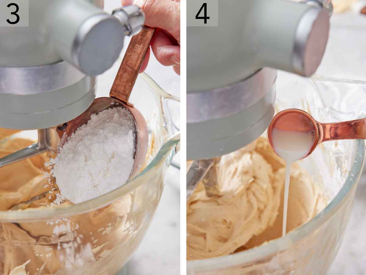 Set of two photos showing powdered sugar and milk added to a running mixer.