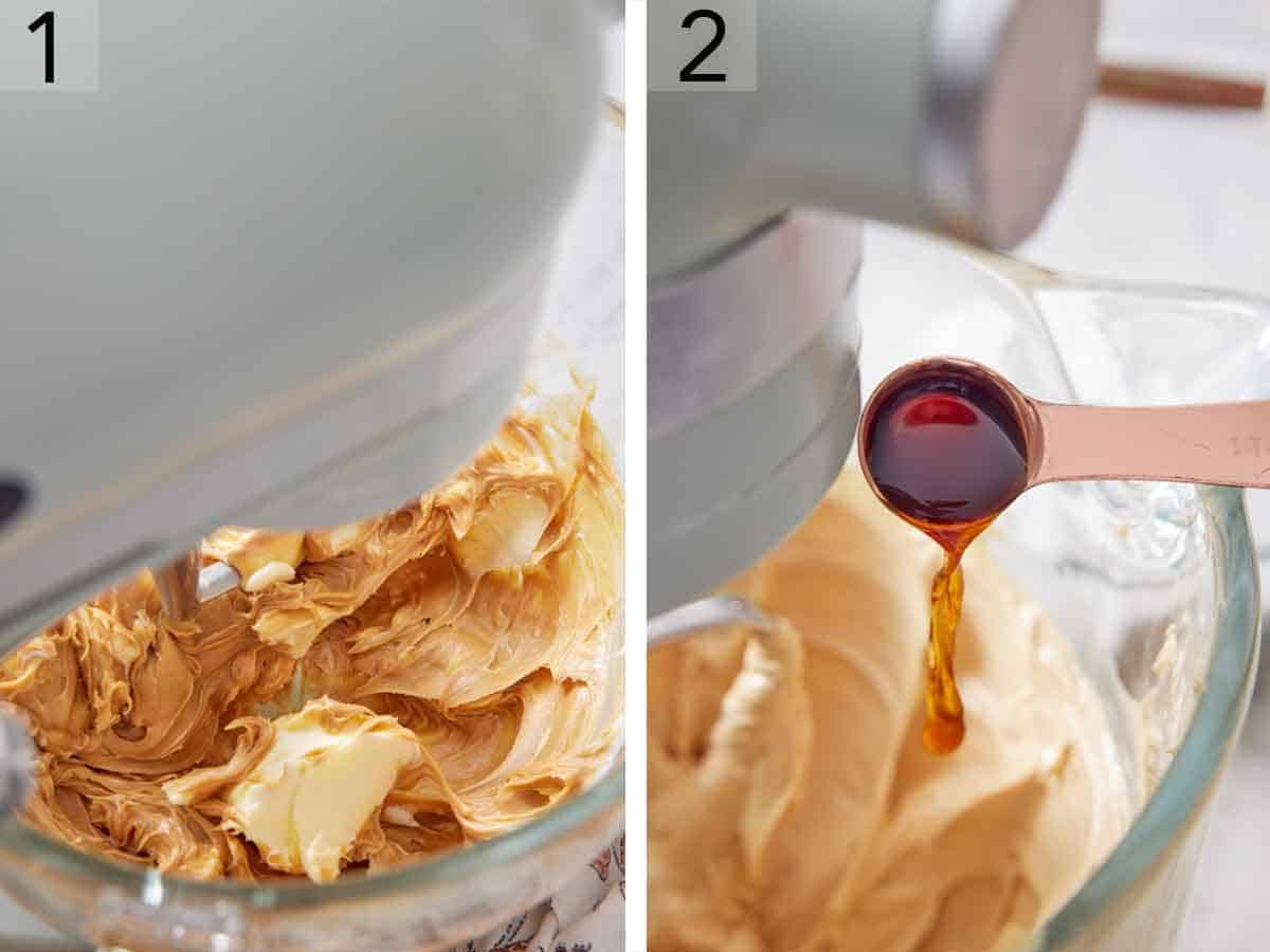 Set of two photos showing peanut butter and butter mixed together and vanilla extract added.