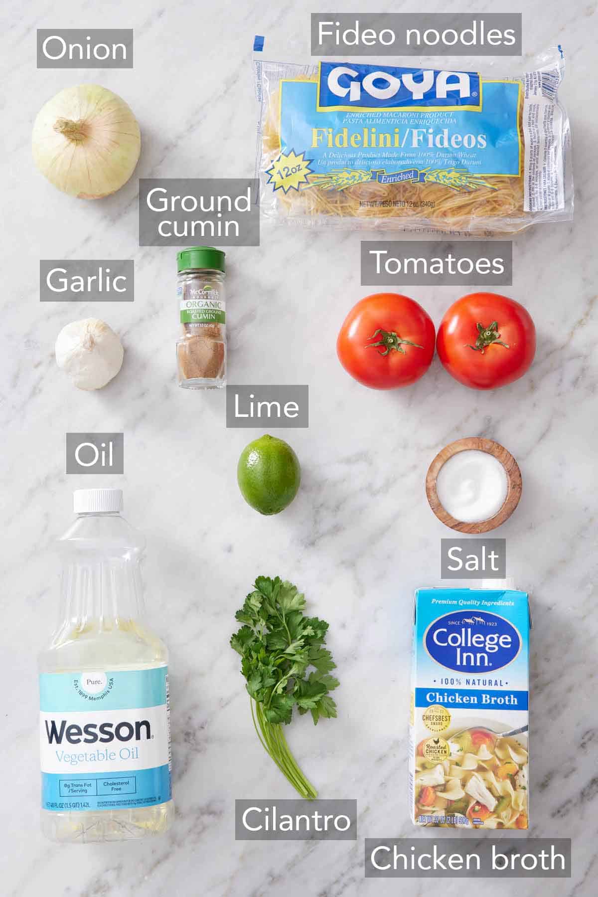 Ingredients needed to make sopa de fideo.