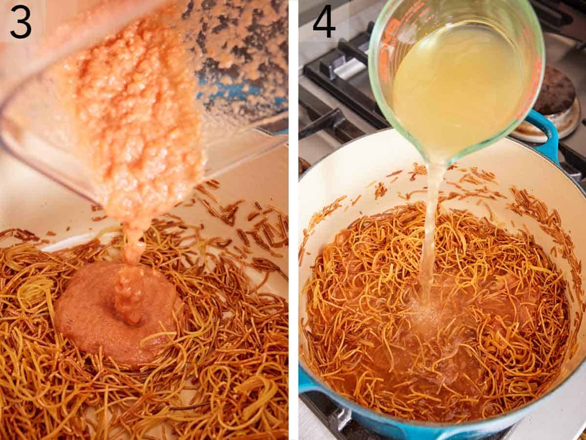 Set of two photos showing the blended mixture and broth added to the pot of toasted noodles.
