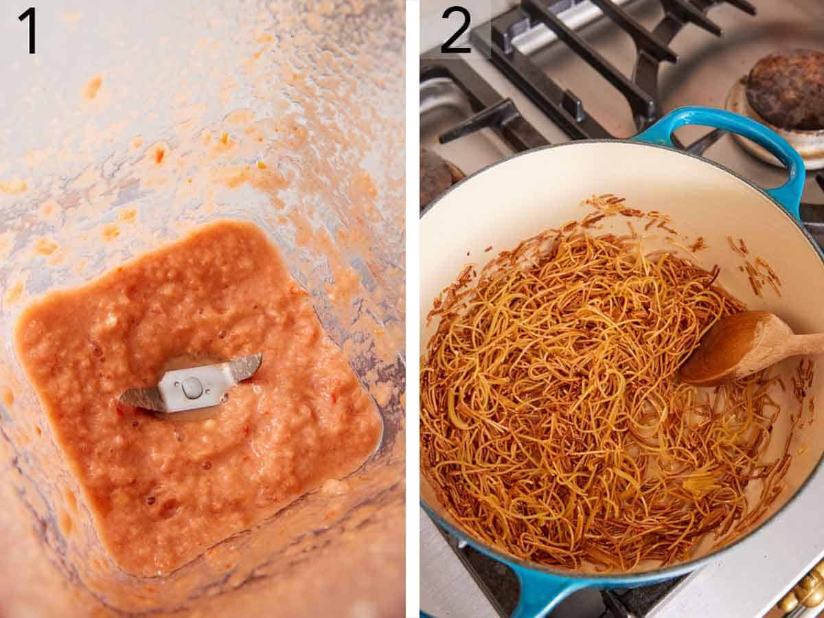 Set of two photos showing tomatoes, onion, garlic, and cumin blended in a blender and fideo noodles toasted in a pot.