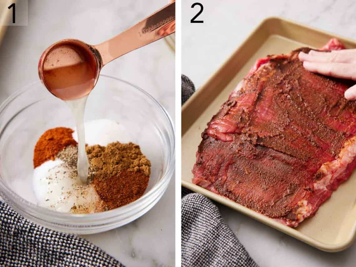 Set of two photos showing lime juice added to a bowl of seasoning and rubbed over the beef. .