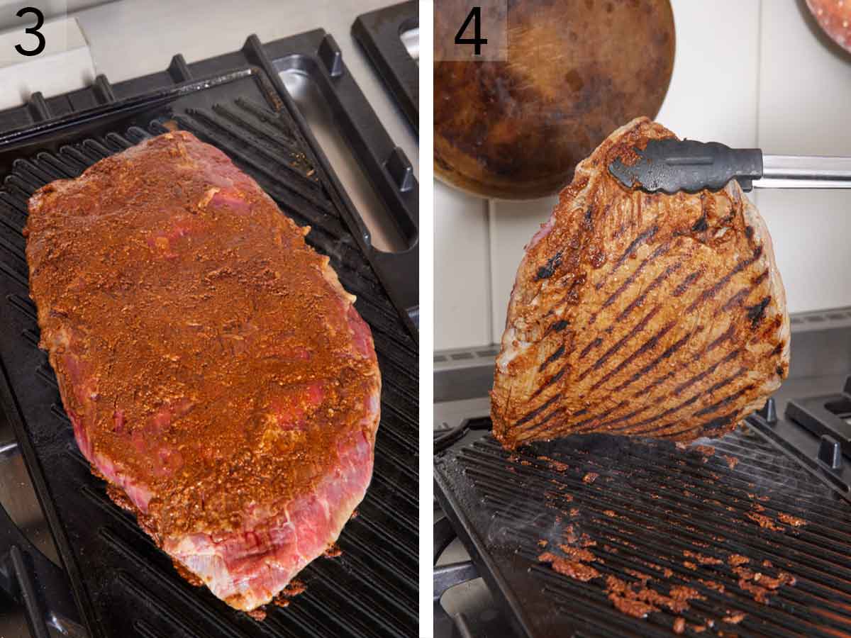 Set of two photos showing steak added to a grill and flipped.