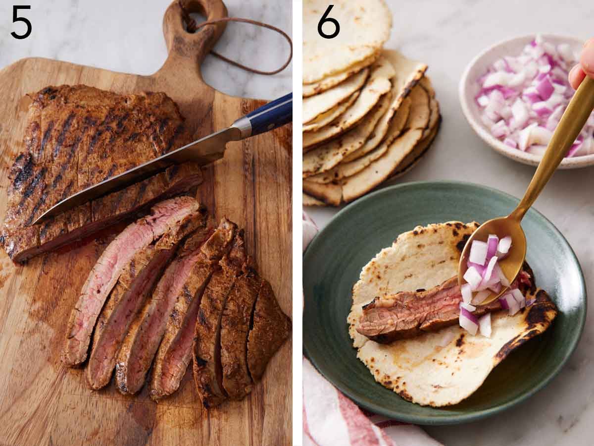 Set of two photos showing steak sliced and taco assembled.