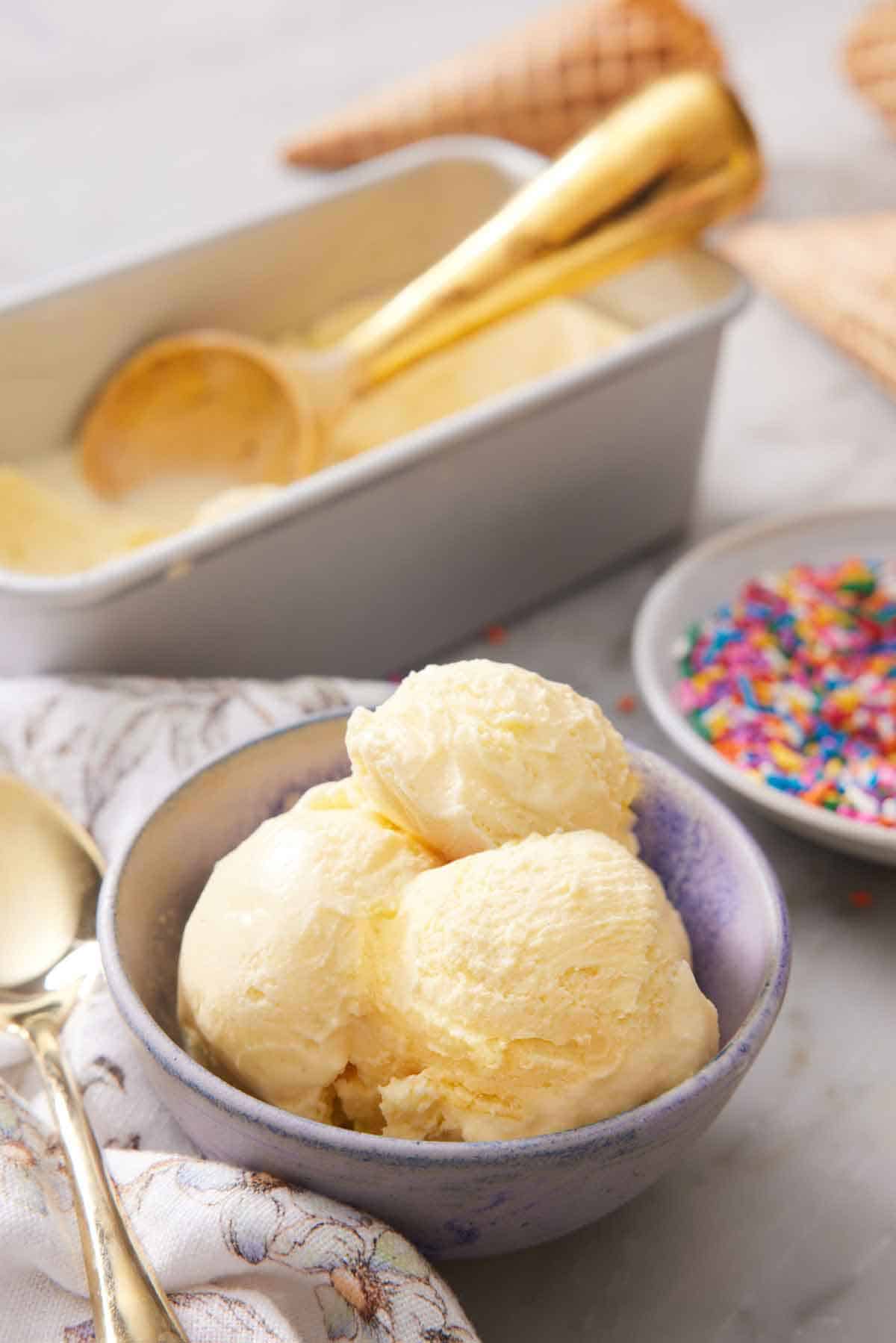 A bowl with a few couples of vanilla ice cream. More ice cream in the background with a scoop and a bowl of sprinkles on the side.