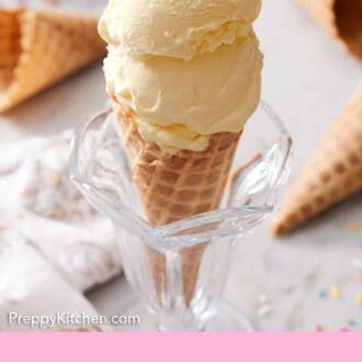 Pinterest graphic of an ice cream cone with two scoops of vanilla ice cream.