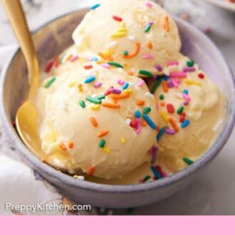 Pinterest graphic of a bowl of vanilla ice cream topped with rainbow sprinkles.