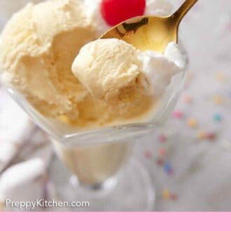Pinterest graphic of a spoonful lifting vanilla ice cream out of a cup with some whipped cream.