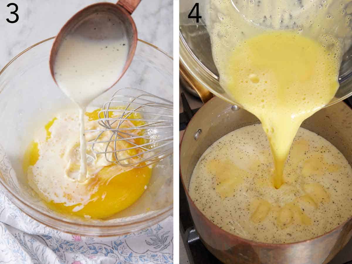 Set of two photos showing eggs being tempered then added to the saucepan.