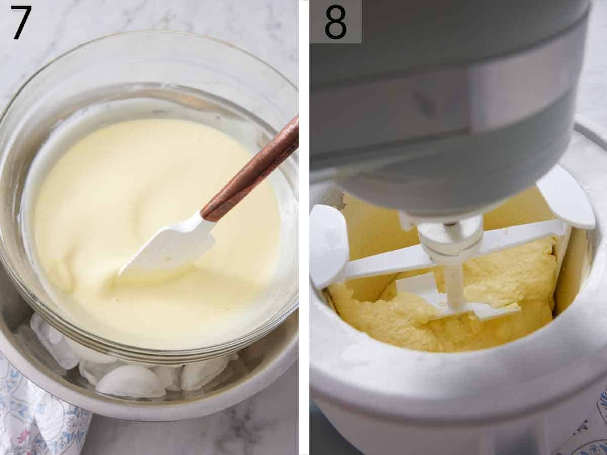 Set of two photos showing the mixture mixed over a bowl of ice and added to an ice cream mixer.