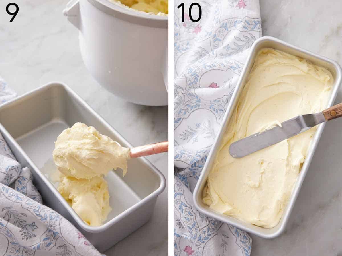 Set of two photos showing the ice cream scooped into a rectangular baking dish and spread evenly to freeze.