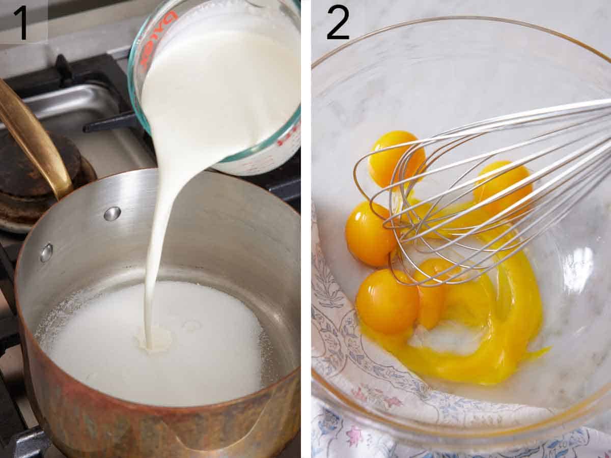 Set of two photos showing heavy cream added to a saucepan with sugar and eggs whisked in a bowl.