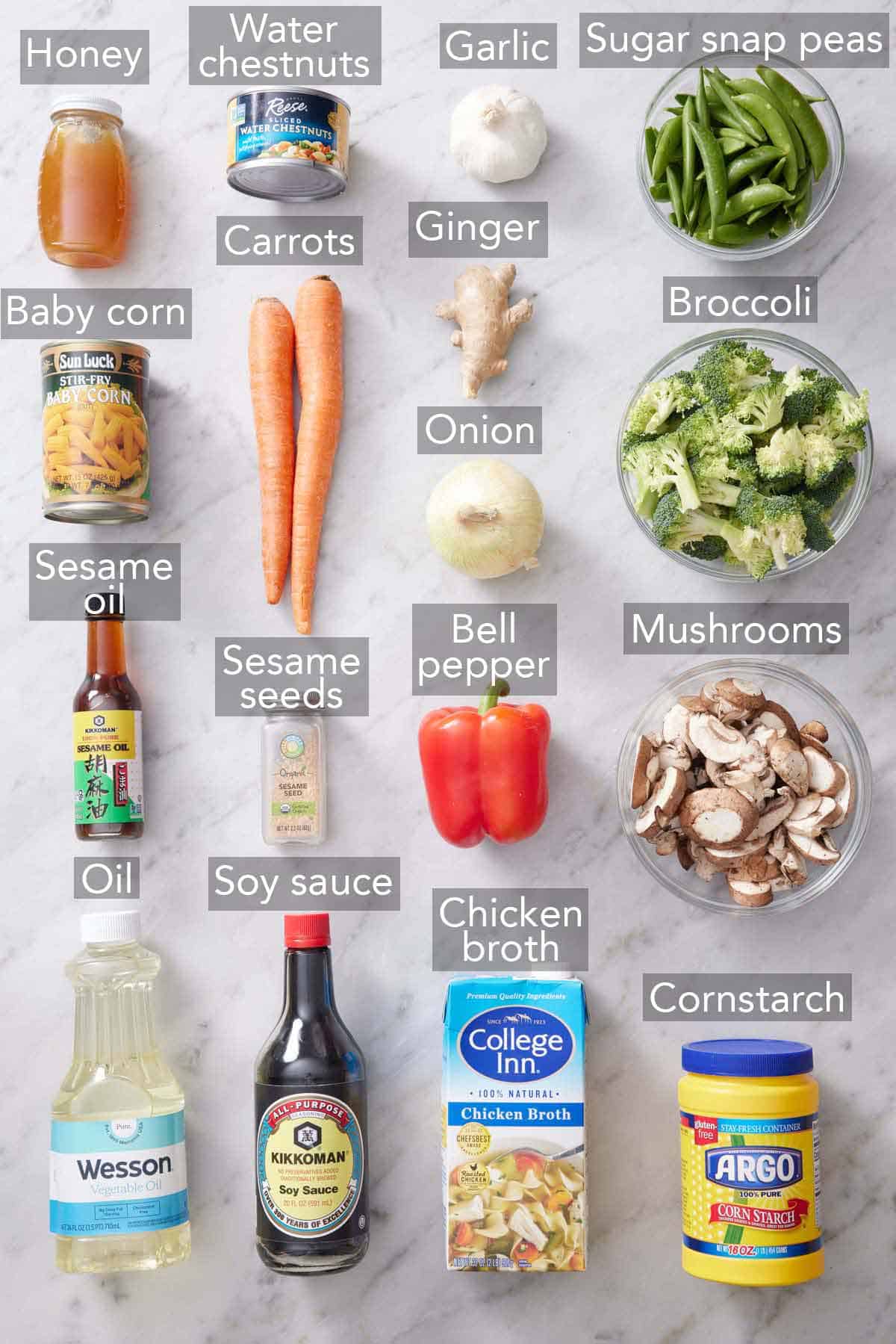 Ingredients needed to make vegetable stir fry.