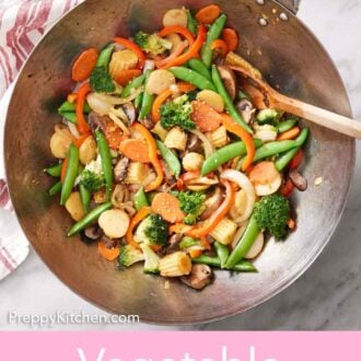 Pinterest graphic of an overhead view of a wok of vegetable stir fry with a wooden spoon.