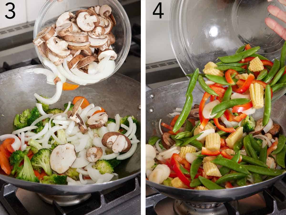 Set of two photos showing onions, mushrooms, snap peas, baby corn, and water chestnuts added to the wok.