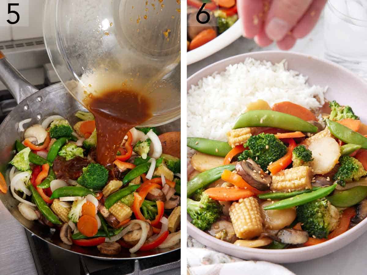 Set of two photos showing sauce added to the wok then vegetables plated with rice.