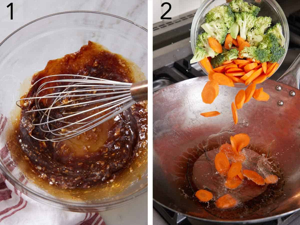 Set of two photos showing sauce whisked in a bowl and carrots and broccoli added to a wok.