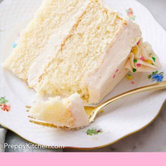 Pinterest graphic of a plate with a slice white cake with a bite on a fork in front of it.