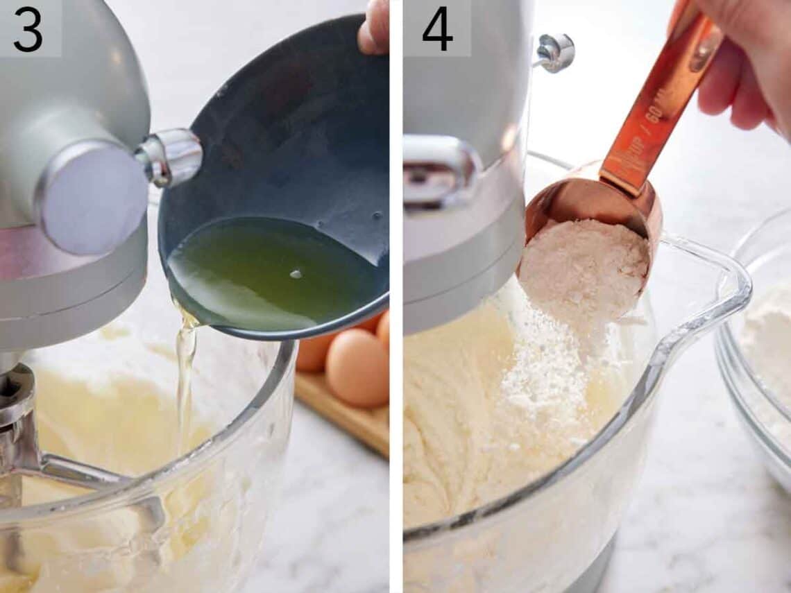 Set of two photos showing egg whites and dry ingredients added to a mixer.