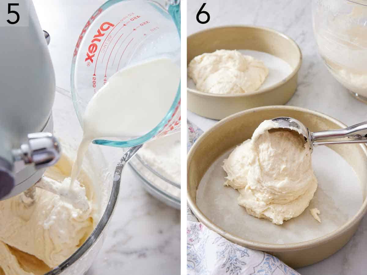 Set of two photos showing milk poured into a mixer and batter scooped into round baking dishes.