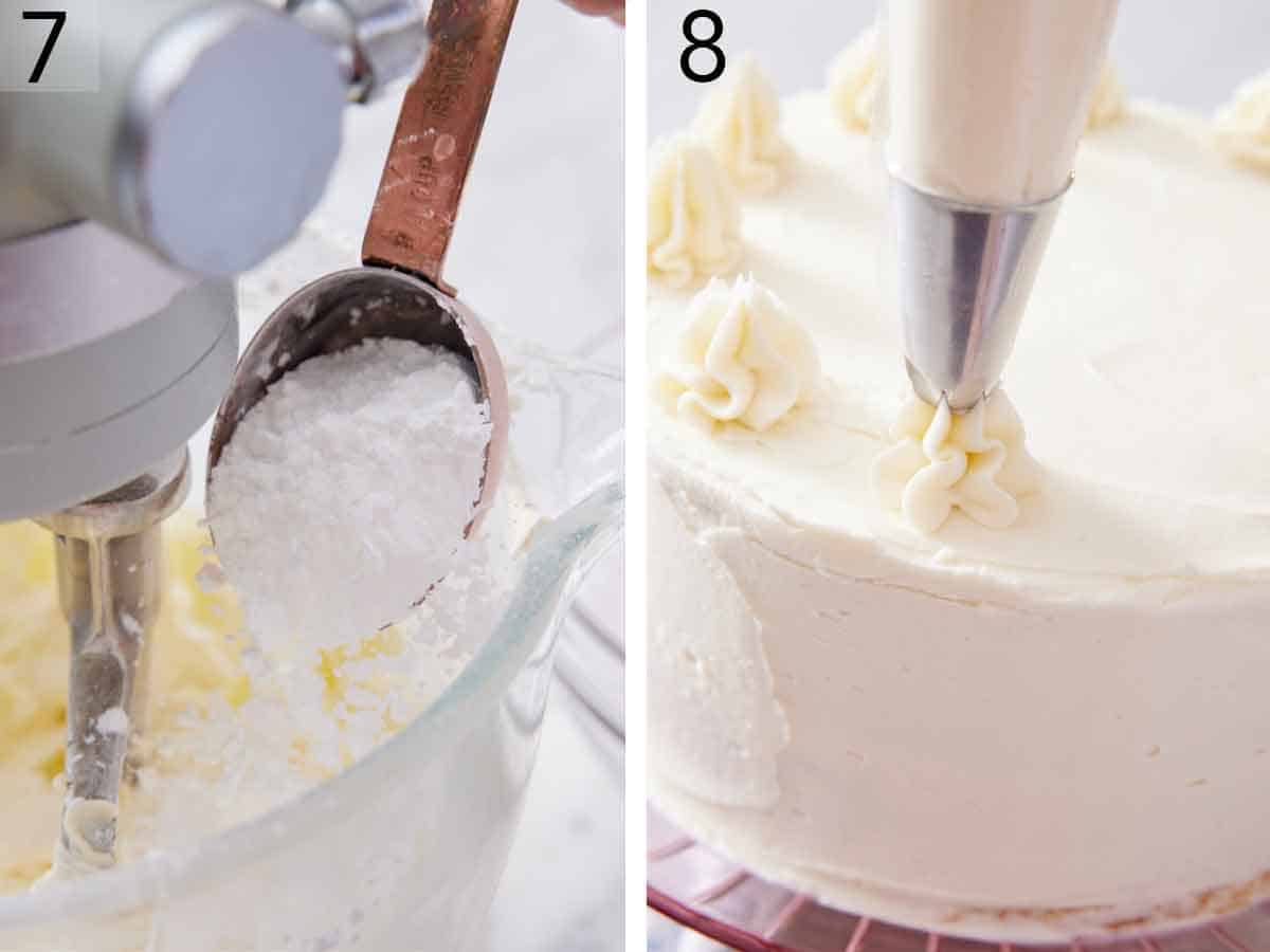 Set of two photos showing powdered sugar added to a mixer and frosting piped on top of the cake.