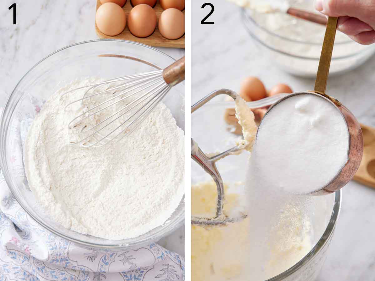 Set of two photos showing dry ingredients whisked together and sugar added to a mixer.