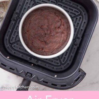 Pinterest graphic of of air fryer brownies in a baking dish in an air fryer basket.