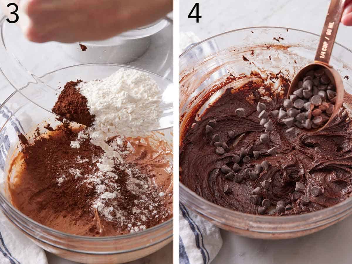 Set of two photos showing cocoa powder and flour added to the melted chocolate and more chocolate chips added.