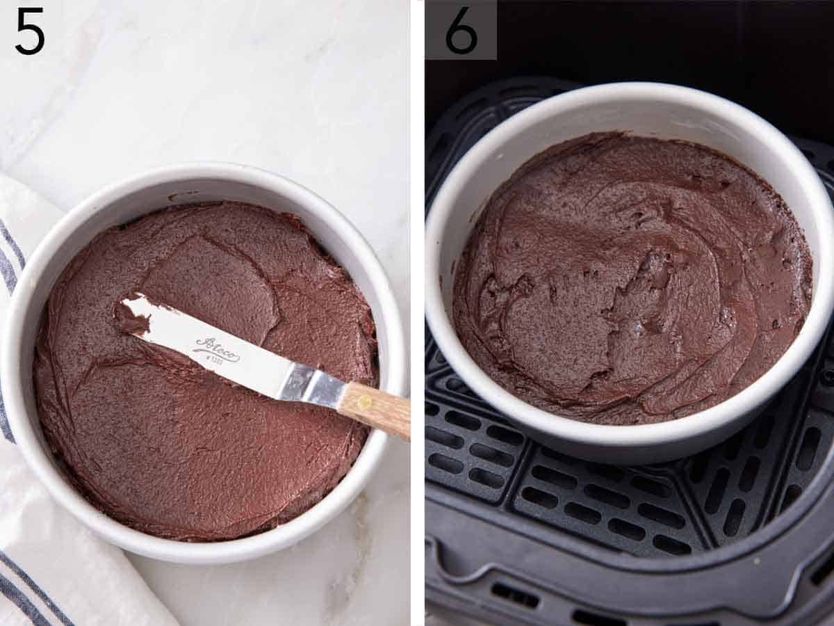 Set of two photos showing batter smoothed out in a baking dish and placed into the air fryer basket.