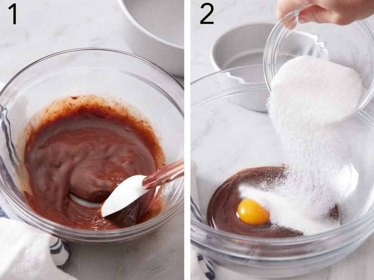 Set of two photos showing chocolate milked and sugar and egg added.