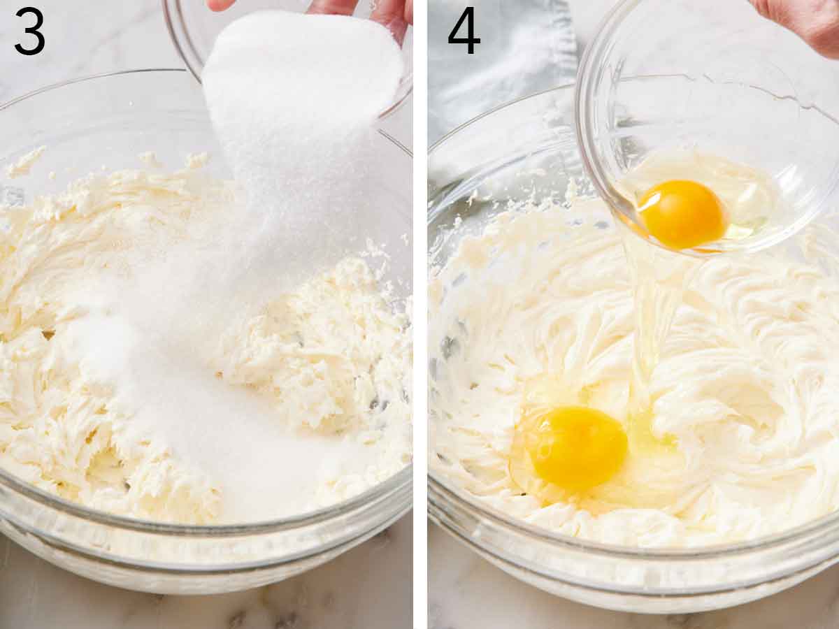 Set of two photos showing sugar and eggs added to beaten cream cheese.